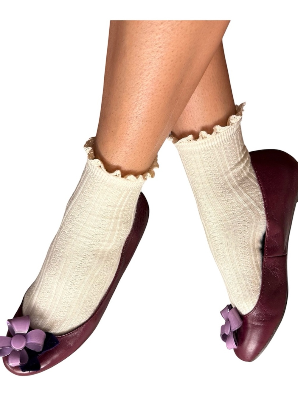 Shellys Burgundy Leather Ballet Flats Purple Flower Bow Detail Size 39 US 8